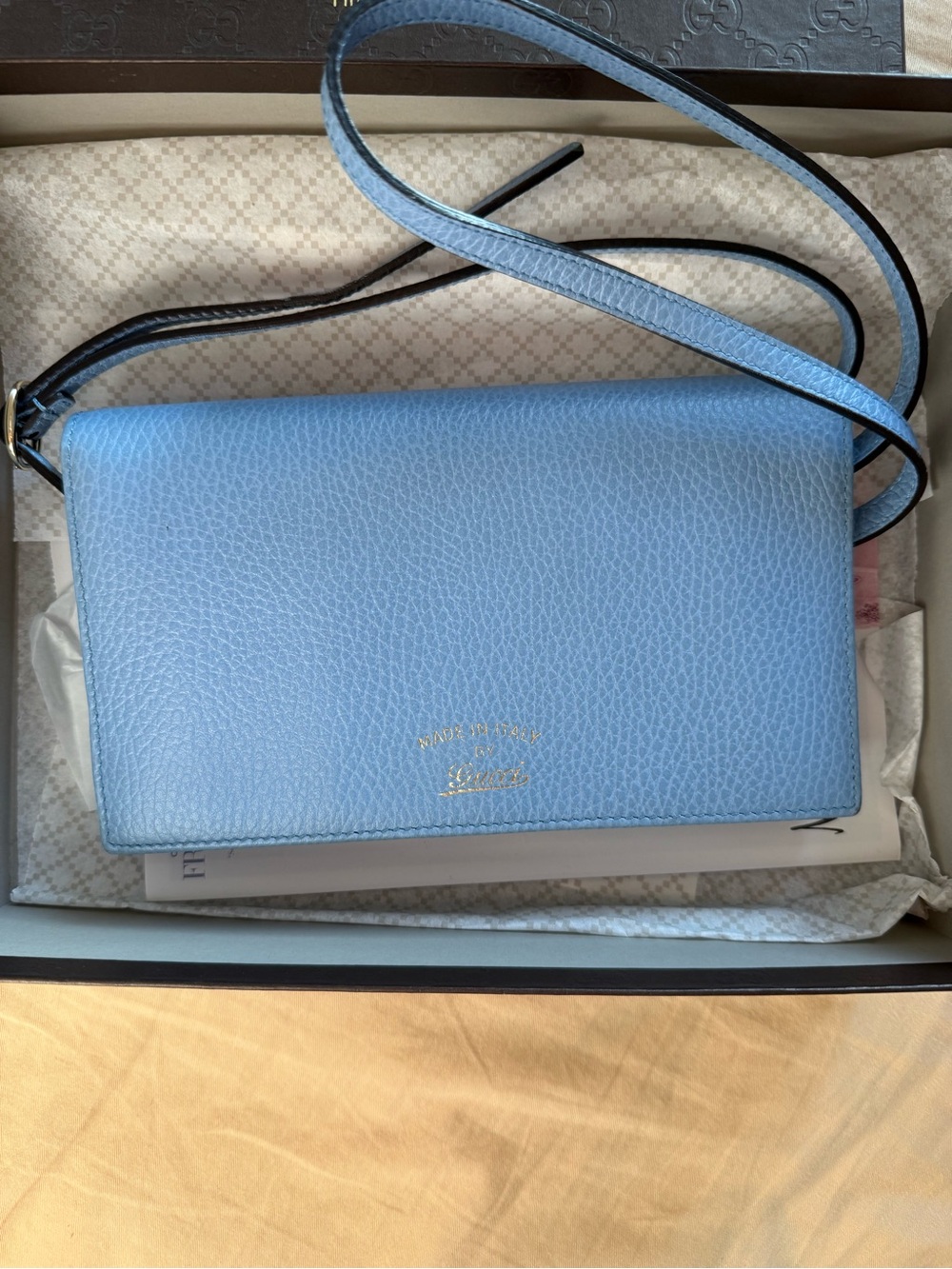 Gucci Light Blue Pebbled Leather Crossbody Bag with Gold Logo